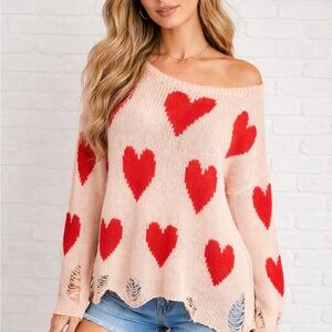 Wildfox Heart Print Distressed Knit Sweater – Oversized Slouchy S